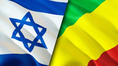 İsrail ve Kongo bayrakları. 3 boyutlu dalgalanan bayrak tasarımı. İsrail Kongo bayrağı, resim, duvar kağıdı. İsrail, Kongo 'ya karşı, görüntü 3 boyutlu. İsrail Kongo ilişkileri ittifak ve ticaret, seyahat, turizm konsepti