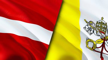 Letonya ve Vatikan bayrakları. 3 boyutlu dalgalanan bayrak tasarımı. Letonya Vatikan bayrağı, resim, duvar kağıdı. Letonya, Vatikan 'a karşı, görüntü 3 boyutlu. Letonya Vatikan ilişkileri ittifak ve ticaret, seyahat, turizm konsepti