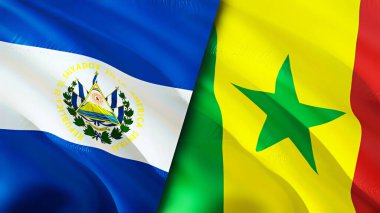 El Salvador ve Senegal bayrakları. 3 boyutlu dalgalanan bayrak tasarımı. El Salvador Senegal bayrağı, resim, duvar kağıdı. El Salvador, Senegal imajına karşı, 3D görüntüleme. El Salvador Senegal ilişkileri savaş ittifakı