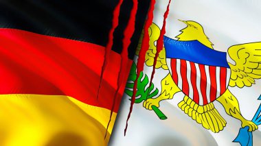 Almanya ve ABD Virgin adaları yara izi kavramına sahip bayraklar. Dalgalanan bayrak, 3 boyutlu görüntüleme. Almanya ve ABD Virgin Adaları çatışma konsepti. Almanya Birleşik Devletleri Virgin Adaları ilişkileri kavramı. Alman bayrağı