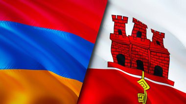 Ermenistan ve Gibraltar bayrakları. 3 boyutlu dalgalanan bayrak tasarımı. Ermenistan Cebelitarık bayrağı, resim, duvar kağıdı. Ermenistan, Cebelitarık 'a karşı, görüntü 3 boyutlu. Ermenistan Cebelitarık ilişkileri ve