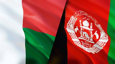 Madagaskar ve Afganistan bayrakları. 3 boyutlu dalgalanan bayrak tasarımı. Madagaskar Afganistan bayrağı, resim, duvar kağıdı. Madagaskar, Afganistan 'a karşı görüntüsü, 3 boyutlu canlandırma. Madagaskar Afganistan ilişkileri bir ittifak