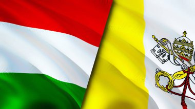 Macaristan ve Vatikan bayrakları. 3 boyutlu dalgalanan bayrak tasarımı. Macaristan Vatikan bayrağı, resim, duvar kağıdı. Macaristan, Vatikan imajına karşı, 3 boyutlu canlandırma. Macaristan Vatikan ilişkileri ittifak ve ticaret, seyahat, turizm konsepti