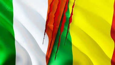 İrlanda ve Mali bayrakları ve yara izi konsepti. 3D bayrak sallama. İrlanda ve Mali çatışma konsepti. İrlanda Mali ilişkileri kavramı. İrlanda bayrağı ve Mali krizi, savaş, saldırı konsepti