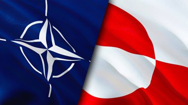 NATO ve Grönland bayrakları. 3 boyutlu dalgalanan bayrak tasarımı. Grönland NATO bayrağı, resim, duvar kağıdı. NATO Grönland 'a karşı, görüntü 3 boyutlu. NATO Grönland ilişkileri ittifak ve ticaret, seyahat, turizm konsepti