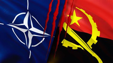 Yara izi olan NATO ve Angola bayrakları. Dalgalanan bayrak, 3 boyutlu görüntüleme. Angola ve NATO çatışma konsepti. NATO Angola ilişkileri kavramı. NATO ve Angola krizi bayrağı, savaş, saldırı konsepti