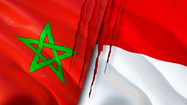 Yara izi olan Fas ve Monako bayrakları. Dalgalanan bayrak, 3 boyutlu görüntüleme. Fas ve Monako çatışma konsepti. Fas Monako ilişkileri kavramı. Fas bayrağı ve Monako krizi, savaş, saldırı konsepti