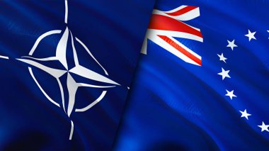 NATO ve Cook Adaları bayrakları. 3 boyutlu dalgalanan bayrak tasarımı. Cook Adaları NATO bayrağı, resim, duvar kağıdı. NATO, Cook Adaları 'na karşı. Görüntü 3D. NATO Cook Adaları ilişkileri ittifak ve ticaret, seyahat, turnuva