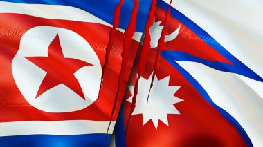 Kuzey Kore ve Nepal bayrakları yara izi konseptiyle. Dalgalanan bayrak, 3 boyutlu görüntüleme. Kuzey Kore ve Nepal çatışma konsepti. Kuzey Kore Nepal ilişkileri kavramı. Kuzey Kore bayrağı ve Nepal krizi, savaş, attac