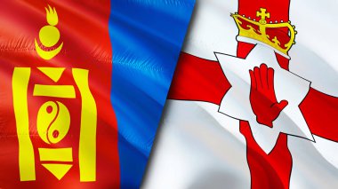 Moğolistan ve Kuzey İrlanda bayrakları. 3 boyutlu dalgalanan bayrak tasarımı. Moğolistan Kuzey İrlanda bayrağı, resim, duvar kağıdı. Moğolistan, Kuzey İrlanda 'ya karşı, görüntü 3 boyutlu. Moğolistan Kuzey İrlanda ilişkisi