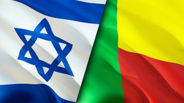 İsrail ve Benin bayrakları. 3 boyutlu dalgalanan bayrak tasarımı. İsrail Benin bayrağı, resim, duvar kağıdı. İsrail, Benin 'e karşı, görüntü 3D. İsrail Benin ilişkileri ittifak ve ticaret, seyahat, turizm konsepti