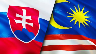 Slovakya ve Malezya bayrakları. 3 boyutlu dalgalanan bayrak tasarımı. Slovakya Malezya bayrağı, resim, duvar kağıdı. Slovakya, Malezya 'ya karşı, görüntü 3 boyutlu. Slovakya Malezya ilişkileri ittifak ve ticaret, seyahat, turnuva