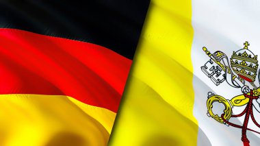 Almanya ve Vatikan bayrakları. 3 boyutlu dalgalanan bayrak tasarımı. Almanya Vatikan bayrağı, resim, duvar kağıdı. Almanya, Vatikan 'a karşı, 3 boyutlu görüntüleme. Almanya Vatikan ilişkileri ittifak ve ticaret, seyahat, turizm konsepti