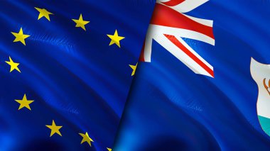 Avrupa Birliği ve Anguilla bayrakları. 3 boyutlu dalgalanan bayrak tasarımı. Avrupa Birliği Anguilla bayrağı, resim, duvar kağıdı. Avrupa Birliği, Anguilla 'ya karşı, görüntü 3D. Avrupa Birliği Anguilla ilişkileri ittifak
