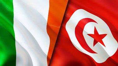 İrlanda ve Tunus bayrakları. 3 boyutlu dalgalanan bayrak tasarımı. İrlanda Tunus bayrağı, resim, duvar kağıdı. İrlanda Tunus 'a karşı, görüntü 3 boyutlu. İrlanda Tunus ilişkileri savaş ittifakı kavramı. Ticaret, turnuva.