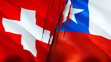 Yara izi olan İsviçre ve Şili bayrakları. Dalgalanan bayrak, 3 boyutlu görüntüleme. İsviçre ve Şili çatışması konsepti. İsviçre Şili ilişkileri kavramı. İsviçre bayrağı ve Şili krizi, savaş, attac