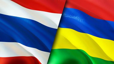 Tayland ve Mauritius bayrakları. 3 boyutlu dalgalanan bayrak tasarımı. Tayland ve Mauritius bayrağı, resim, duvar kağıdı. Tayland, Mauritius 'a karşı, görüntü 3 boyutlu. Tayland Mauritius ilişkileri bir ittifak