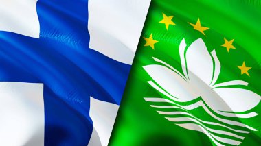 Finlandiya ve Macau bayrakları. 3 boyutlu dalgalanan bayrak tasarımı. Finlandiya Macau bayrağı, resim, duvar kağıdı. Finlandiya, Macau imajına karşı, 3D görüntüleme. Finlandiya Macau ilişkileri ittifak ve ticaret, seyahat, turizm danışmanlığı