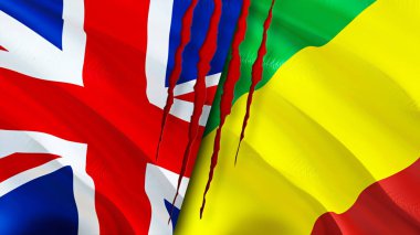 Birleşik Krallık ve Kongo bayraklarında yara izi var. Dalgalanan bayrak, 3 boyutlu görüntüleme. Birleşik Krallık ve Kongo çatışma konsepti. Birleşik Krallık Kongo ilişkileri kavramı. Birleşik Krallık ve Konglu bayrağı