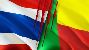 Yara izi olan Tayland ve Benin bayrakları. Dalgalanan bayrak, 3 boyutlu görüntüleme. Tayland ve Benin çatışma konsepti. Tayland Benin ilişkileri kavramı. Tayland bayrağı ve Benin krizi, savaş, saldırı konsepti