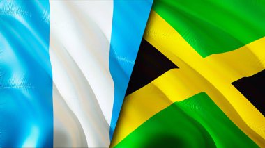 Guatemala ve Jamaika bayrakları. 3 boyutlu dalgalanan bayrak tasarımı. Guatemala Jamaika bayrağı, resim, duvar kağıdı. Guatemala, Jamaika 'ya karşı, görüntü 3D. Guatemala Jamaika ilişkileri savaş ittifakı kavramı. Ticaret.