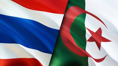 Tayland ve Cezayir bayrakları. 3 boyutlu dalgalanan bayrak tasarımı. Tayland Cezayir bayrağı, resim, duvar kağıdı. Tayland, Cezayir 'e karşı, görüntü 3 boyutlu. Tayland Cezayir ilişkileri ittifak ve ticaret, seyahat, turnuva