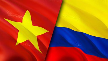 Vietnam ve Kolombiya bayrakları yara izi konseptiyle. Dalgalanan bayrak, 3 boyutlu görüntüleme. Vietnam ve Kolombiya çatışma konsepti. Vietnam, Kolombiya ilişkileri kavramı. Vietnam ve Kolombiya bayrağı krizi, savaş, attac