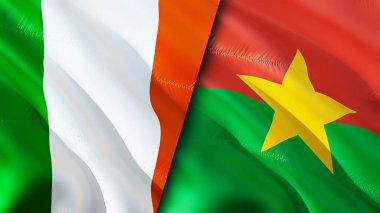 İrlanda ve Burkina Faso bayrakları. 3 boyutlu dalgalanan bayrak tasarımı. İrlanda Burkina Faso bayrağı, resim, duvar kağıdı. İrlanda, Burkina Faso 'ya karşı, görüntü 3 boyutlu. İrlanda Burkina Faso ilişkileri savaş ittifakı