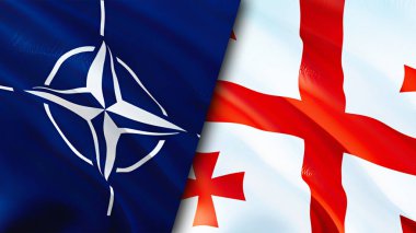 NATO ve Gürcistan bayrakları. 3 boyutlu dalgalanan bayrak tasarımı. Georgia NATO bayrağı, resim, duvar kağıdı. NATO, Gürcistan 'a karşı imaj, 3D görüntüleme. NATO Gürcistan ilişkileri ittifak ve Ticaret, seyahat ve turizm konsepti