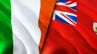 İrlanda ve Bermuda bayrakları. 3 boyutlu dalgalanan bayrak tasarımı. İrlanda Bermuda bayrağı, resim, duvar kağıdı. İrlanda, Bermuda 'ya karşı, görüntü 3 boyutlu. İrlanda Bermuda ilişkileri savaş ittifakı kavramı. Ticaret, turnuva.