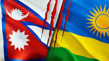 Nepal ve Rwanda yara izi olan bayraklar. Dalgalanan bayrak, 3 boyutlu görüntüleme. Nepal ve Ruanda çatışma konsepti. Nepal Ruanda ilişkileri konsepti. Nepal ve Ruanda bayrağı kriz, savaş, saldırı konsepti