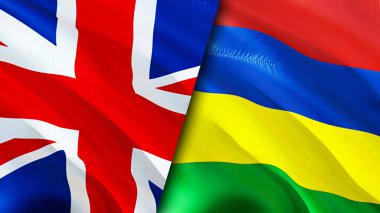 İngiltere ve Mauritius bayrakları. 3 boyutlu dalgalanan bayrak tasarımı. Birleşik Krallık Mauritius bayrağı, resim, duvar kağıdı. Birleşik Krallık, Mauritius 'a karşı, görüntü 3 boyutlu. Birleşik Krallık Mauritius ilişkisi