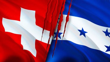 Yara izi olan İsviçre ve Honduras bayrakları. Dalgalanan bayrak, 3 boyutlu görüntüleme. İsviçre ve Honduras çatışma konsepti. İsviçre Honduras ilişkileri kavramı. İsviçre ve Hondura bayrağı