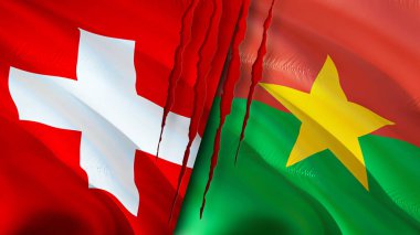 İsviçre ve Burkina Faso yara izi olan bayraklar. Dalgalanan bayrak, 3 boyutlu görüntüleme. İsviçre ve Burkina Faso çatışma konsepti. İsviçre Burkina Faso ilişkileri kavramı. İsviçre bayrağı ve