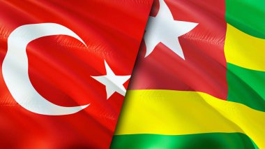 Hindi ve Togo bayrakları. 3 boyutlu dalgalanan bayrak tasarımı. Hindi Togo bayrağı, resim, duvar kağıdı. Türkiye Togo 'ya karşı, görüntü 3 boyutlu. Türkiye İlişkiler İttifak ve Ticaret, Seyahat, Turizm Konsepti