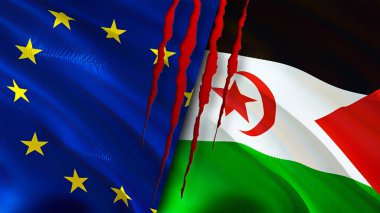 Yara izi olan Avrupa Birliği ve Batı Sahra bayrakları. Dalgalanan bayrak, 3 boyutlu görüntüleme. Avrupa Birliği ve Batı Sahra çatışması konsepti. Avrupa Birliği Batı Sahra ilişkileri kavramı. bayrak o
