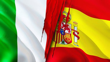 Yara izi olan İtalya ve İspanya bayrakları. Dalgalanan bayrak, 3 boyutlu görüntüleme. İtalya ve İspanya çatışma konsepti. İtalya İspanya ilişkileri kavramı. İtalya ve İspanya bayrağı krizi, savaş, saldırı konsepti