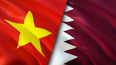 Vietnam ve Katar bayrakları ve yara izi konsepti. Dalgalanan bayrak, 3 boyutlu görüntüleme. Vietnam ve Katar çatışma konsepti. Vietnam Katar ilişkileri kavramı. Vietnam bayrağı ve Katar krizi, savaş, saldırı konsepti