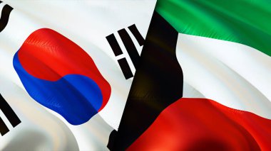 Güney Kore ve Kuveyt bayrakları. 3 boyutlu dalgalanan bayrak tasarımı. Güney Kore Kuveyt bayrağı, resim, duvar kağıdı. Güney Kore Kuveyt 'e karşı, görüntü 3 boyutlu. Güney Kore Kuveyt ilişkiler ittifakı