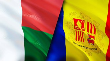 Madagaskar ve Andorra bayrakları. 3 boyutlu dalgalanan bayrak tasarımı. Madagaskar Andorra bayrağı, resim, duvar kağıdı. Madagaskar, Andorra 'ya karşı, görüntü 3 boyutlu. Madagaskar Andorra ilişkileri