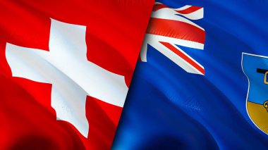 İsviçre ve Montserrat bayrakları. 3 boyutlu dalgalanan bayrak tasarımı. İsviçre Montserrat bayrağı, resim, duvar kağıdı. İsviçre, Montserrat 'a karşı, görüntü 3 boyutlu. İsviçre Montserrat ilişkileri ittifakı