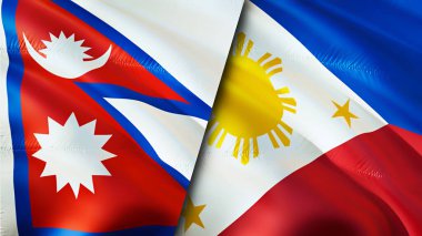 Nepal ve Filipinler bayrakları. 3 boyutlu dalgalanan bayrak tasarımı. Nepal Filipinleri bayrağı, resim, duvar kağıdı. Nepal, Filipinler 'e karşı, görüntü 3D. Nepal Filipinler ilişkileri ittifak ve ticaret, seyahat, turnuva