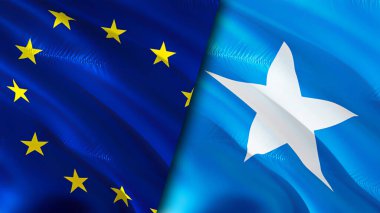 Avrupa Birliği ve Somali bayrakları. 3 boyutlu dalgalanan bayrak tasarımı. Avrupa Birliği Somali bayrağı, resim, duvar kağıdı. Avrupa Birliği, Somali imajına karşı, 3D görüntüleme. Avrupa Birliği Somali ilişkileri ittifakı