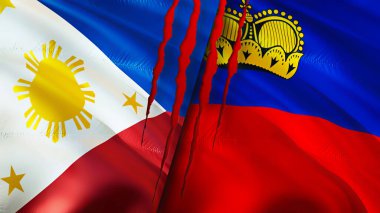 Yara izi olan Filipinler ve Lihtenştayn bayrakları. Dalgalanan bayrak, 3 boyutlu görüntüleme. Filipinler ve Lihtenştayn çatışma konsepti. Filipinler Liechtenstein ilişkileri konsepti. Filipinler bayrağı