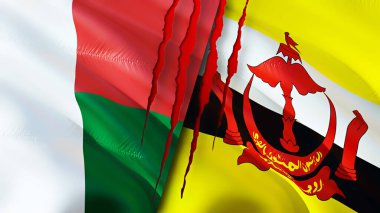 Madagaskar ve Brunei bayrakları yara izi konseptiyle. Dalgalanan bayrak, 3 boyutlu görüntüleme. Madagaskar ve Brunei çatışma konsepti. Madagaskar Brunei ilişkileri kavramı. Madagaskar bayrağı ve Brunei krizi, savaş, attac