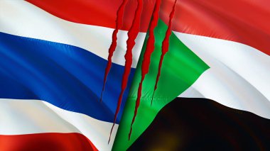 Yara izi olan Tayland ve Sudan bayrakları. Dalgalanan bayrak, 3 boyutlu görüntüleme. Tayland ve Sudan çatışması kavramı. Tayland Sudan ilişkileri kavramı. Tayland bayrağı ve Sudan krizi, savaş, saldırı konsepti