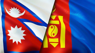 Nepal ve Moğolistan bayrakları. 3 boyutlu dalgalanan bayrak tasarımı. Nepal Moğolistan bayrağı, resim, duvar kağıdı. Nepal, Moğolistan 'a karşı, görüntü 3 boyutlu. Nepal Moğolistan ilişkileri ittifak ve ticaret, seyahat, turizm konsepti