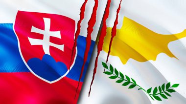 Slovakya ve Kıbrıs bayrakları yara izi kavramına sahip. Dalgalanan bayrak, 3 boyutlu görüntüleme. Slovakya ve Kıbrıs ihtilafı kavramı. Slovakya Kıbrıs ilişkileri kavramı. Slovakya ve Kıbrıs krizi, savaş, saldırı konsepti bayrağı