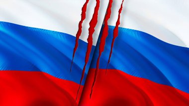 Rusya ve Rusya yara izi kavramına sahip. Dalgalanan bayrak, 3 boyutlu görüntüleme. Rusya ve Rusya çatışma konsepti. Rusya ilişkileri kavramı. Rusya ve Rusya bayrağı krizi, savaş, saldırı konsepti