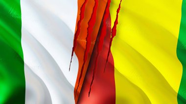 Yara izi olan İrlanda ve Gine bayrakları. 3D bayrak sallama. İrlanda ve Gine çatışması konsepti. İrlanda Gine ilişkileri kavramı. İrlanda ve Gine bayrağı krizi, savaş, saldırı konsepti